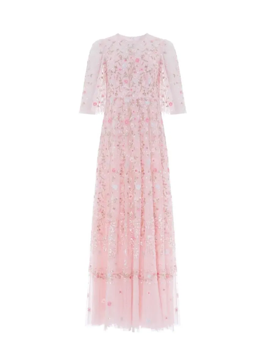 Платье-макси Rococo Ribbon Floral-Embroidered Sheer Gown Needle & Thread — изображение 2 из 4, розовый
