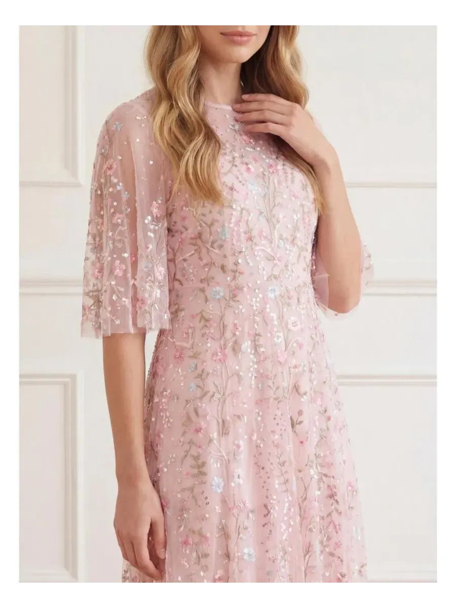 Платье-макси Rococo Ribbon Floral-Embroidered Sheer Gown Needle & Thread — изображение 3 из 4, розовый