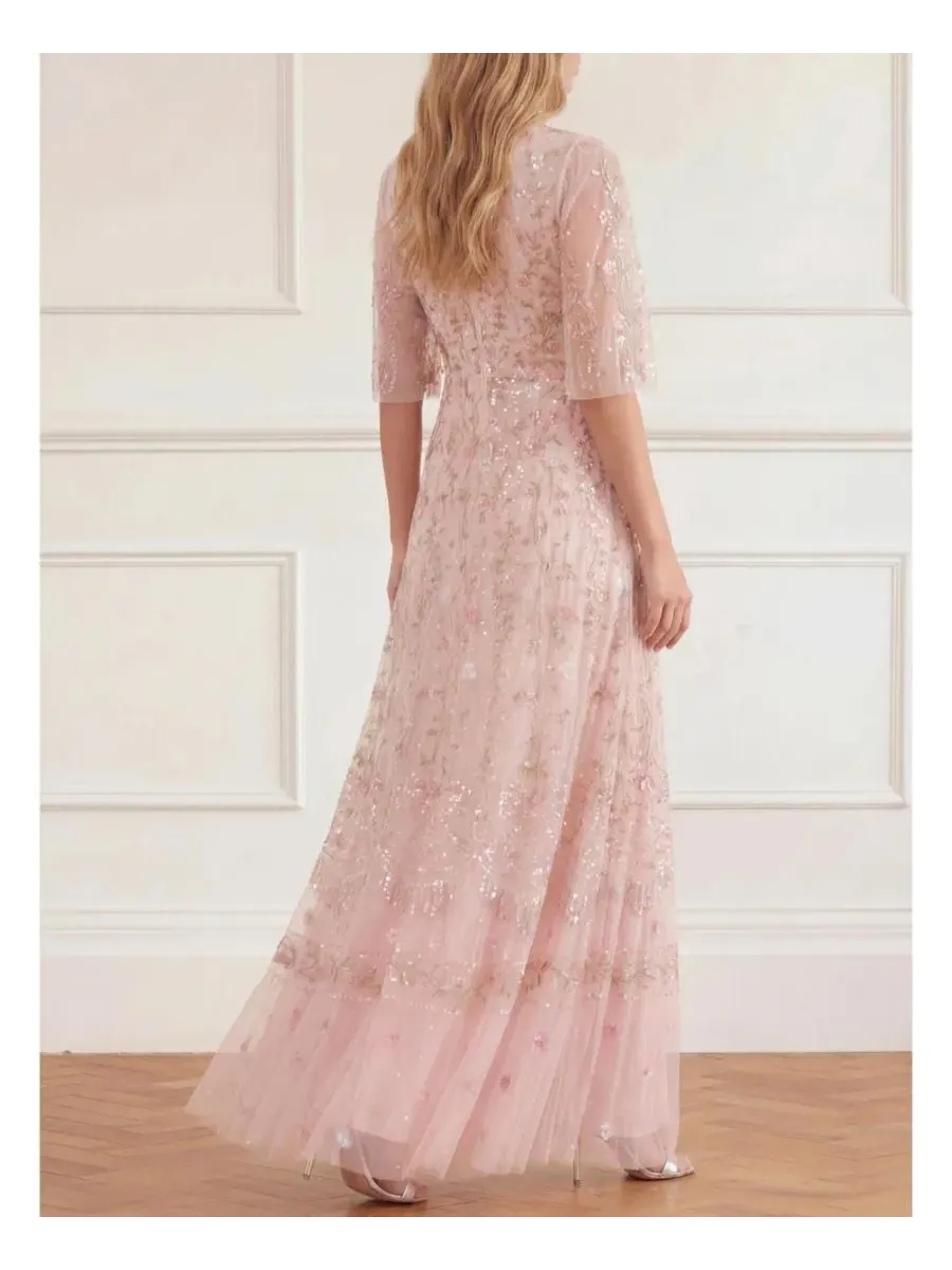 Платье-макси Rococo Ribbon Floral-Embroidered Sheer Gown Needle & Thread — изображение 4 из 4, розовый