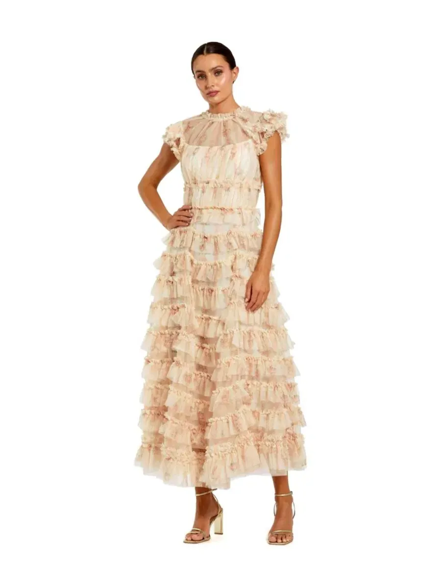 Платье миди с цветочным принтом и воланами, модель Printed Mesh Short Sleeve Micro Ruffle Midi — изображение 1 из 3
