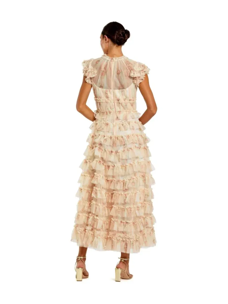 Платье миди с цветочным принтом и воланами, модель Printed Mesh Short Sleeve Micro Ruffle Midi — изображение 2 из 3