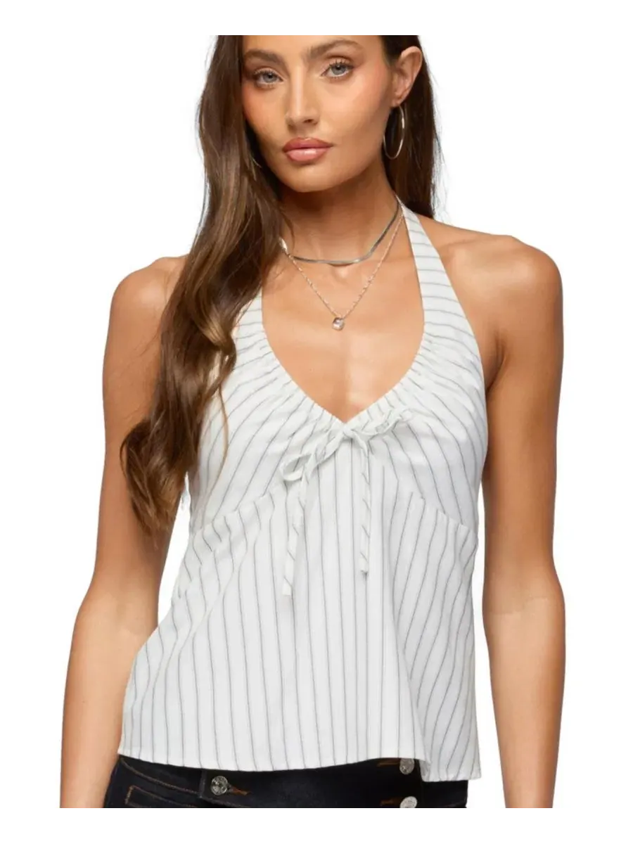 Топ-халтер с полоской в стиле baby-doll Breya Striped Babydoll Halter Top Edikted — изображение 1 из 5, белый--темно-синий