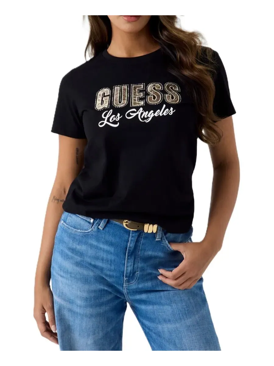 Футболка женская с принтом Script Rhinestone Logo GUESS