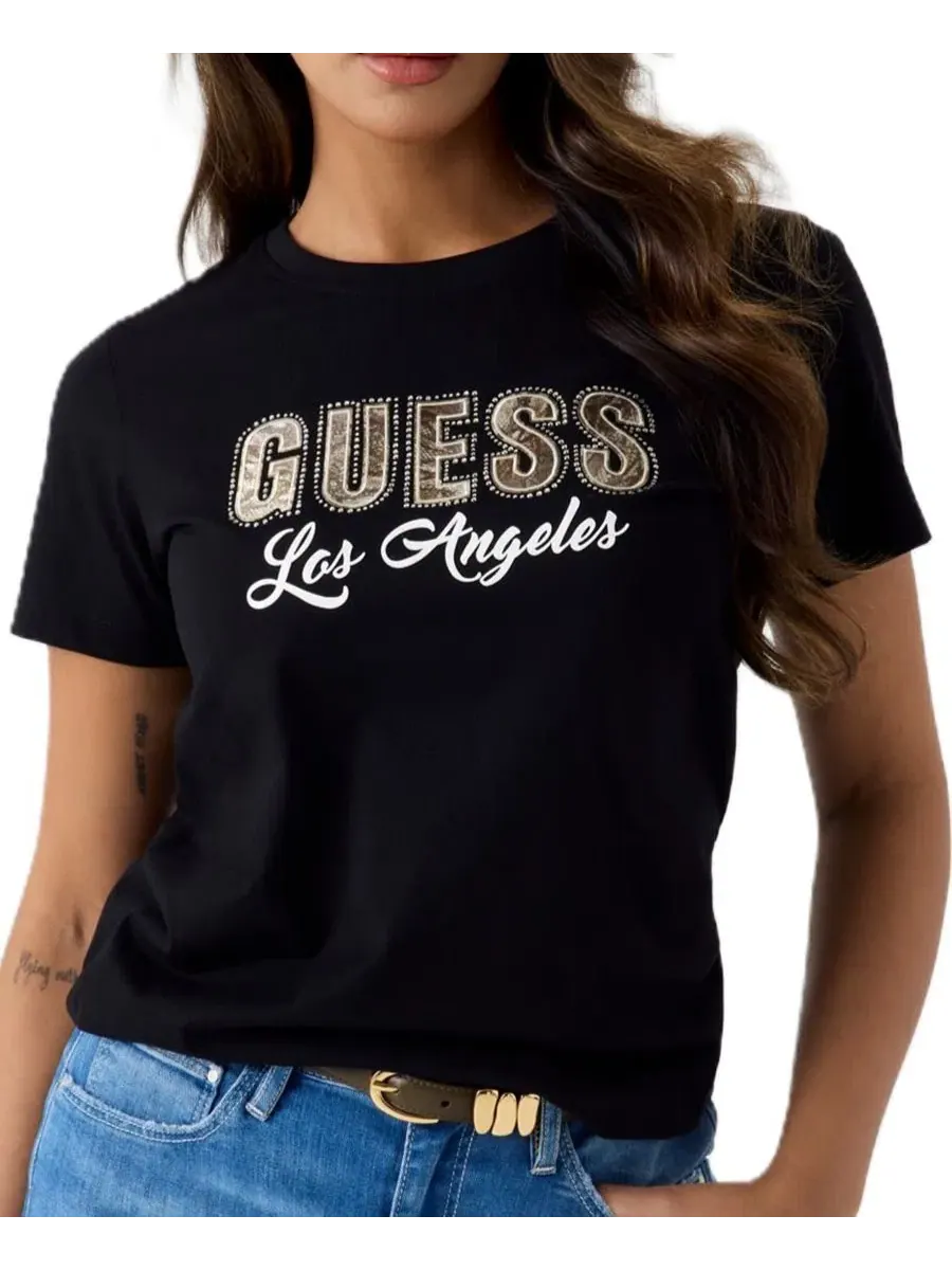 Футболка женская с принтом Script Rhinestone Logo GUESS — изображение 3 из 5, черный