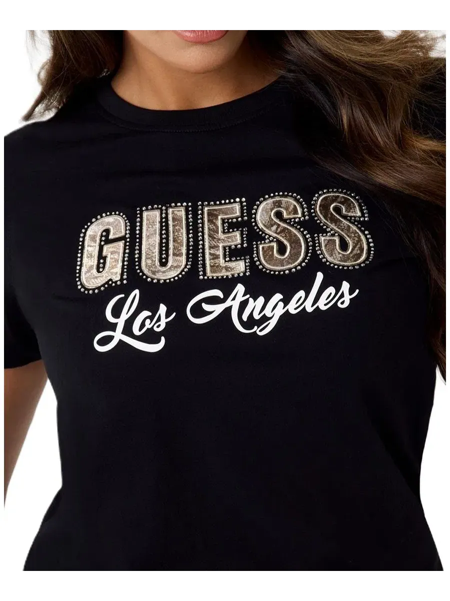 Футболка женская с принтом Script Rhinestone Logo GUESS — изображение 4 из 5, черный