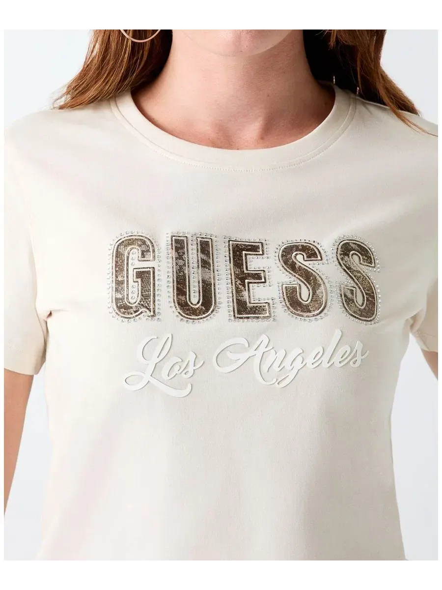 Футболка с принтом Script Rhinestone Logo GUESS — изображение 3 из 4, кремовый белый