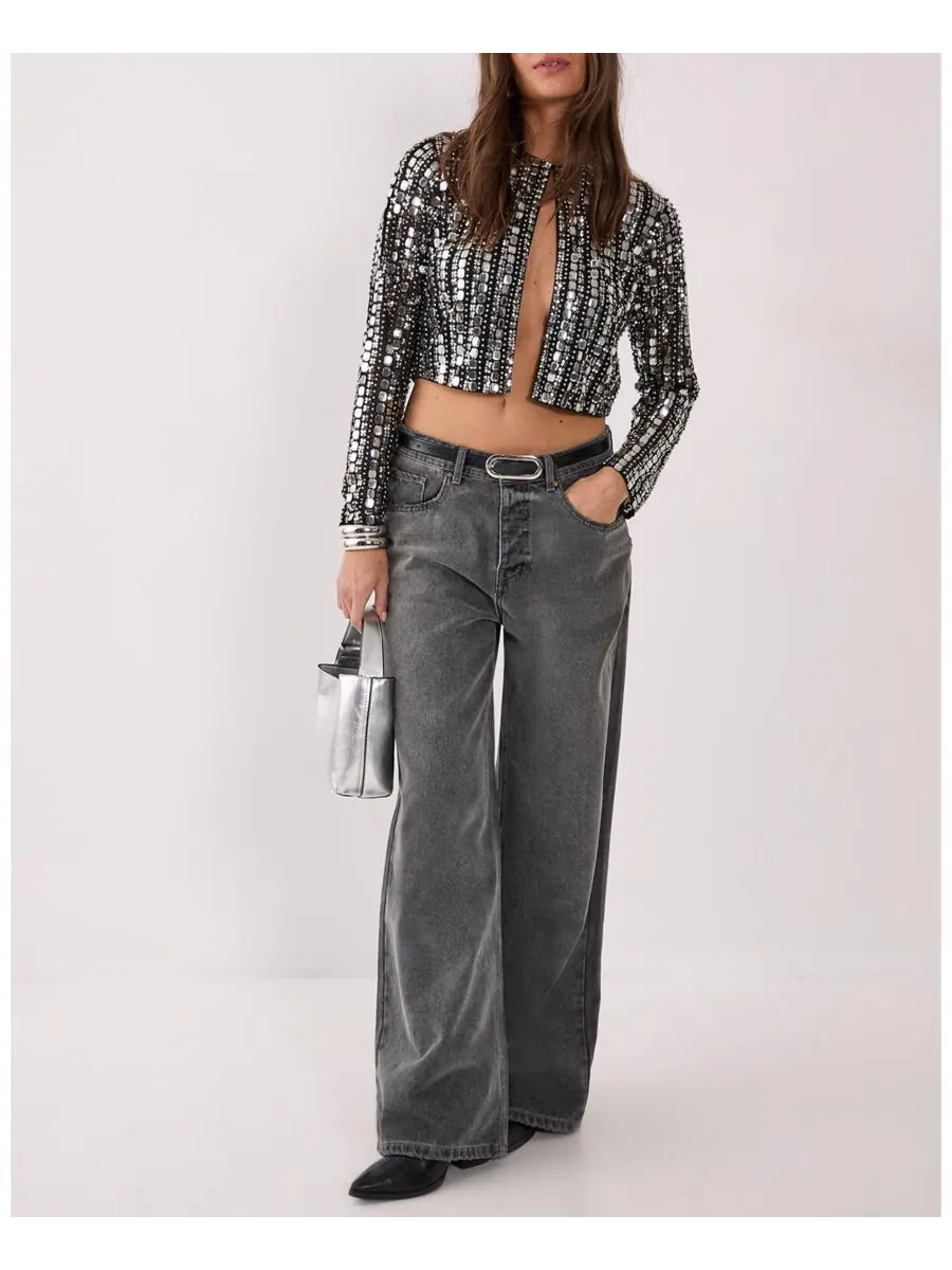 Женская жакет с длинными рукавами, украшенный бисером Nasty Gal — изображение 6 из 8, черный