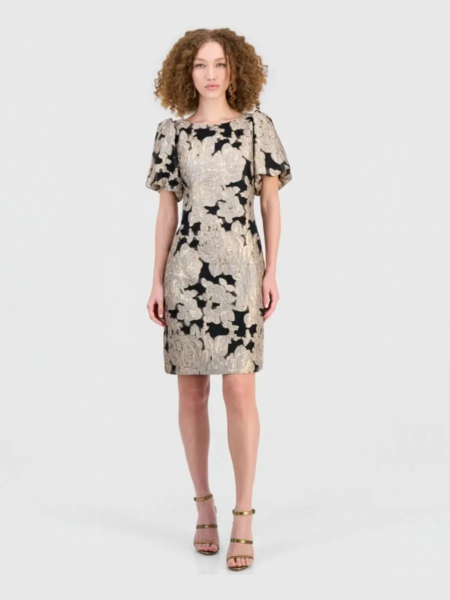 Платье-футляр с коротким рукавом-фонарик, модель Jacquard Sheath Connected — черный