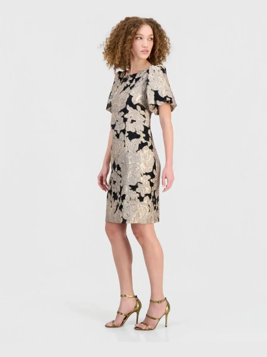 Платье-футляр с коротким рукавом-фонарик, модель Jacquard Sheath Connected — изображение 2 из 5, черный