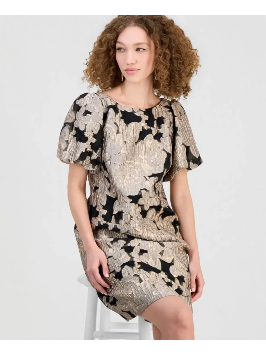 Платье-футляр с коротким рукавом-фонарик, модель Jacquard Sheath Connected — изображение 3 из 5, черный