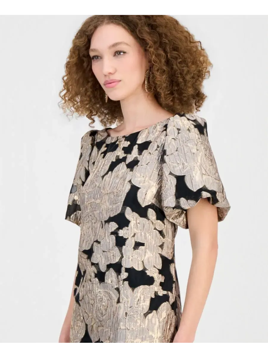 Платье-футляр с коротким рукавом-фонарик, модель Jacquard Sheath Connected — изображение 4 из 5, черный