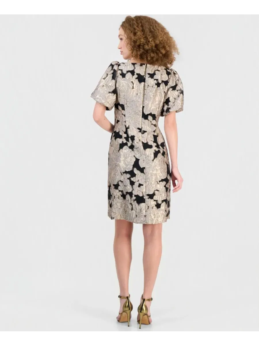Платье-футляр с коротким рукавом-фонарик, модель Jacquard Sheath Connected — изображение 5 из 5, черный