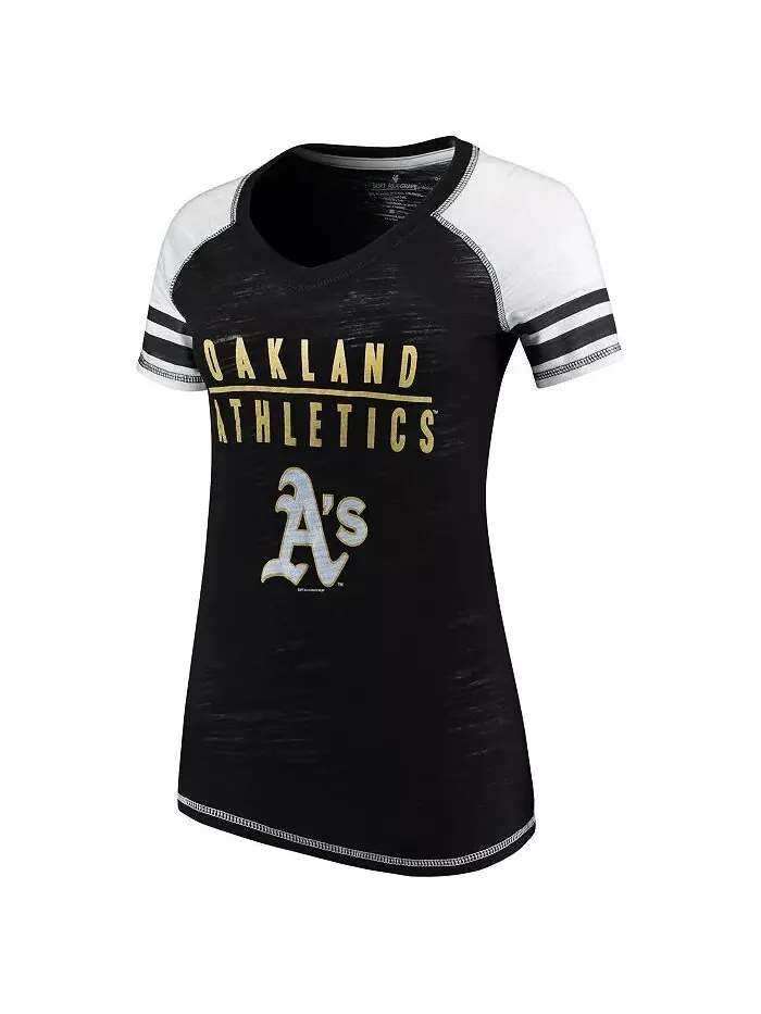 Женская черная футболка Oakland Athletics с цветными блоками и V-образным вырезом Soft As A Grape