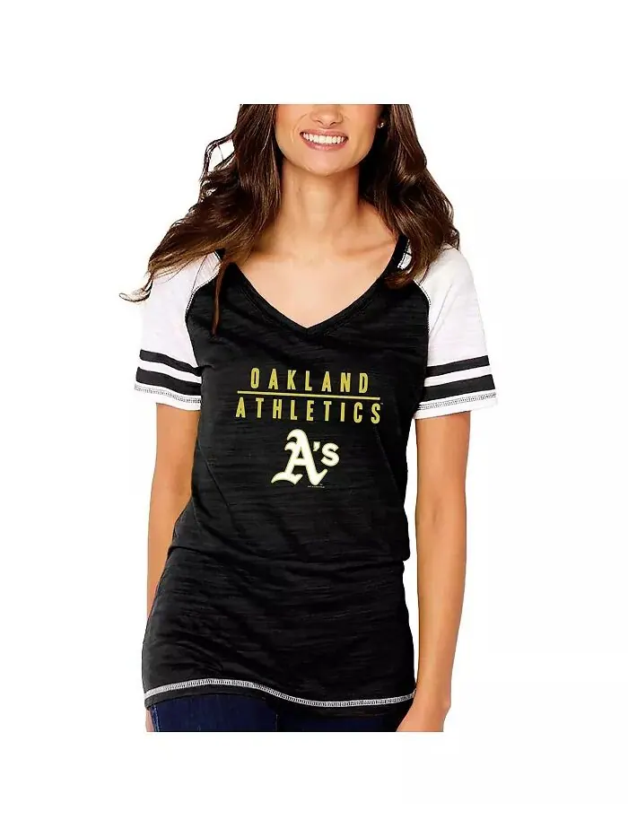 Женская черная футболка Oakland Athletics с цветными блоками и V-образным вырезом Soft As A Grape — изображение 2 из 3