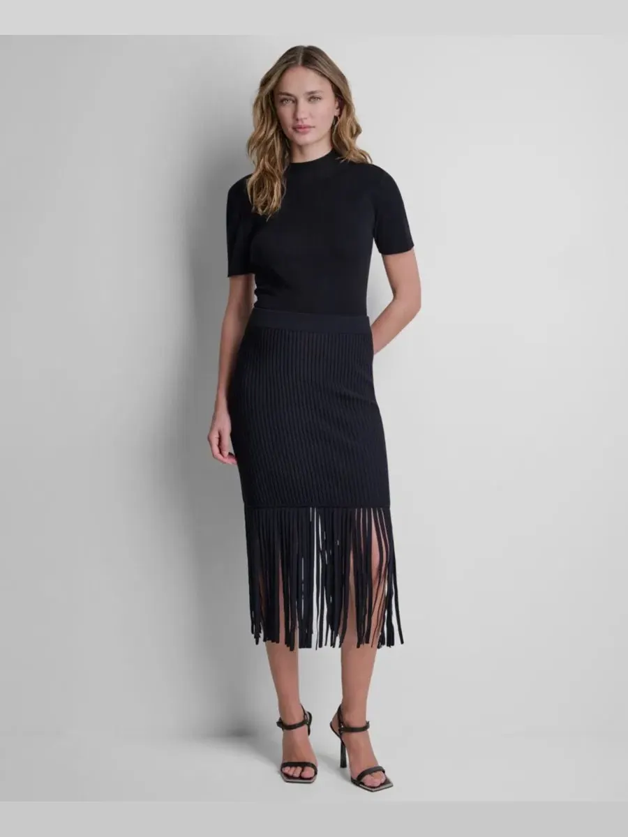 Юбка-свитер с бахромой DKNY — изображение 2 из 6, черный