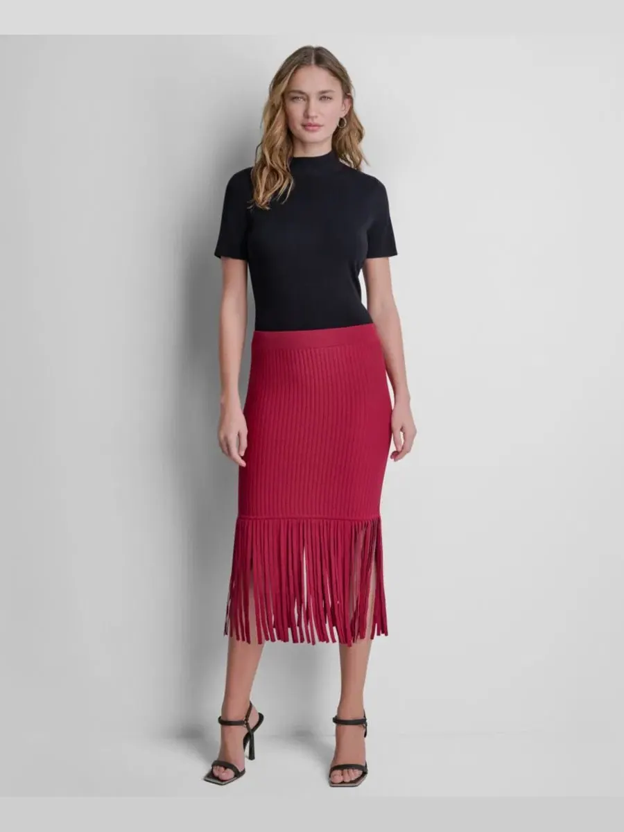 Юбка-карандаш из футера с бахромой, модель DKNY — изображение 2 из 6, красный