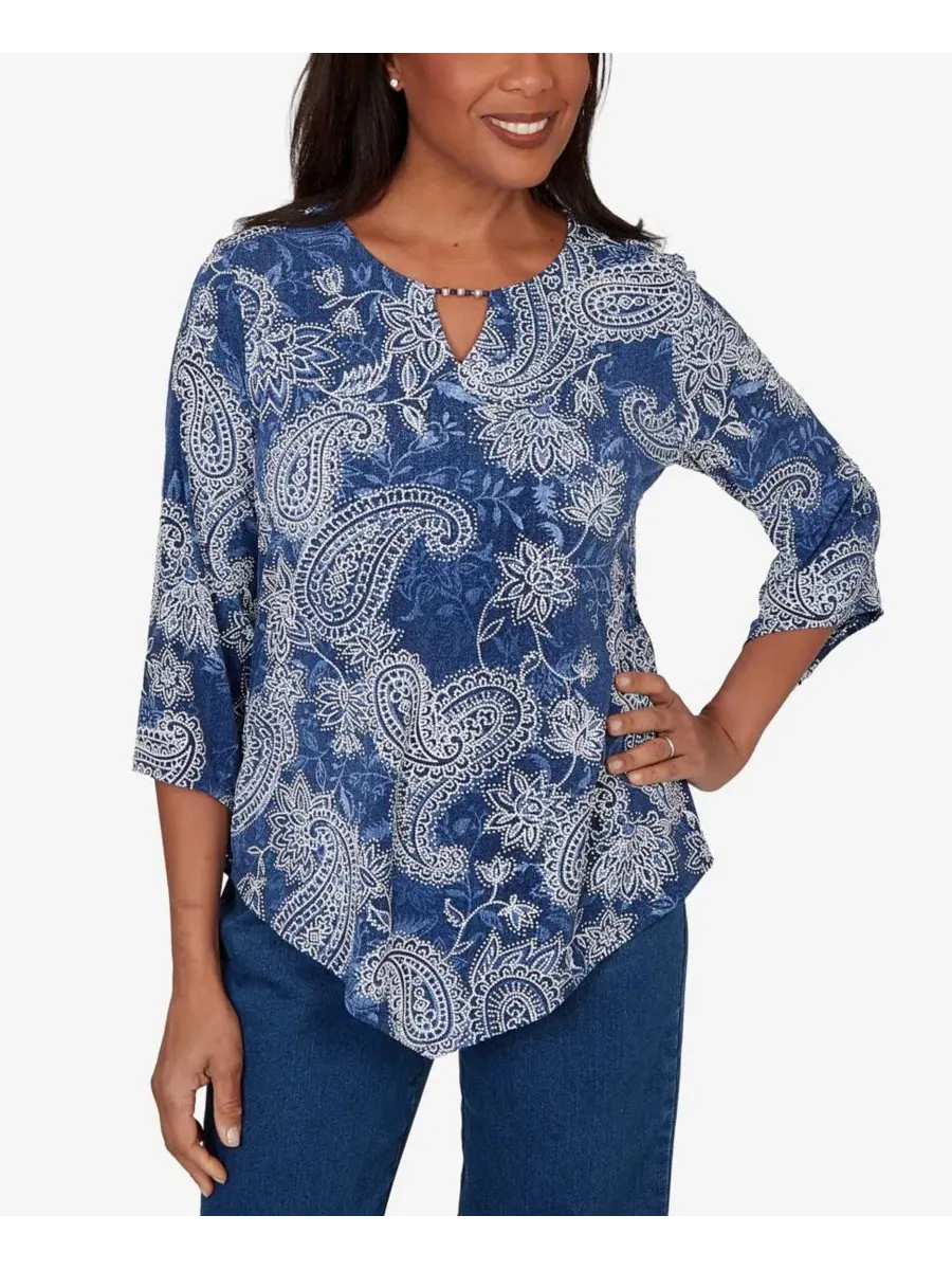 Топ с принтом Petite Paisley Puff Printed Alfred Dunner — изображение 1 из 5, джинсовый синий