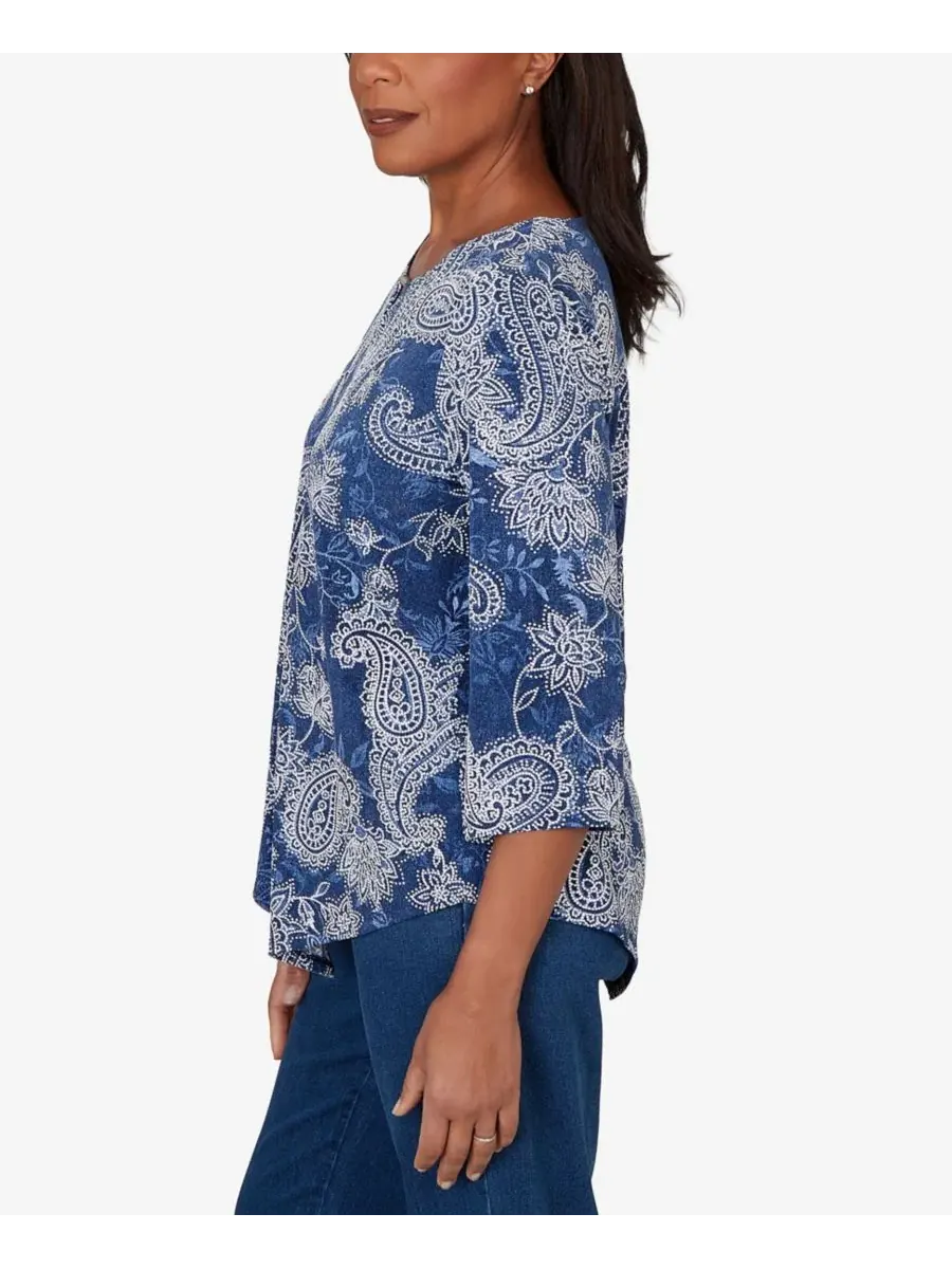 Топ с принтом Petite Paisley Puff Printed Alfred Dunner — изображение 3 из 5, джинсовый синий