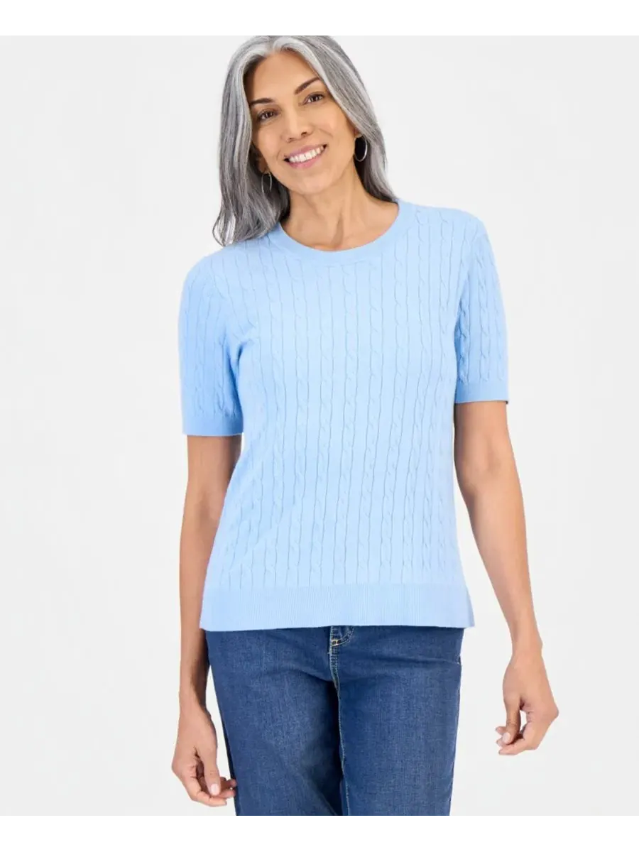 Свитер с кабельным узором и коротким рукавом, Petite Cable Crewneck Short Sleeve Sweater Style &