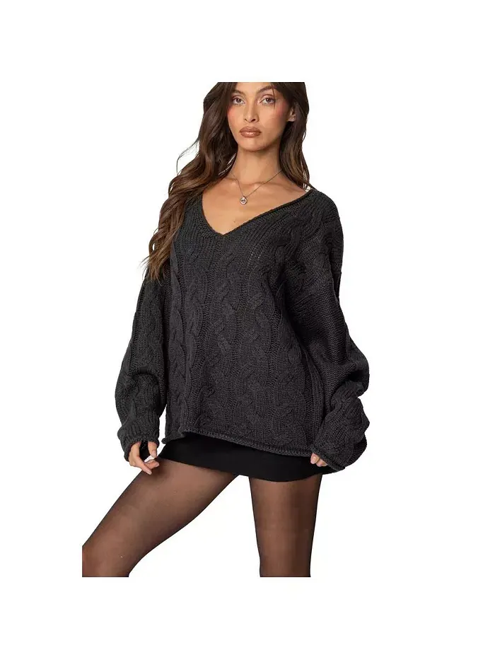 Женский оверсайз свитер с крупной вязкой Inga Edikted — изображение 3 из 3, темный-серый