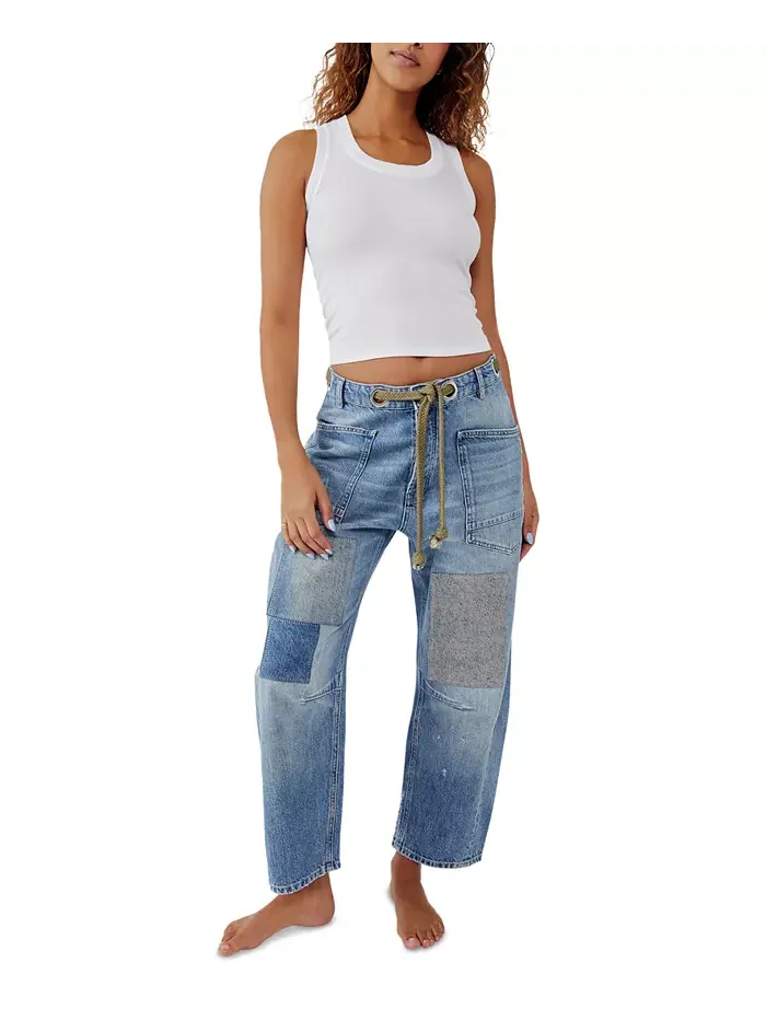 Женские джинсы Moxie из хлопка с заниженной посадкой и бочкообразным кроем Free People — изображение 5 из 5, синий