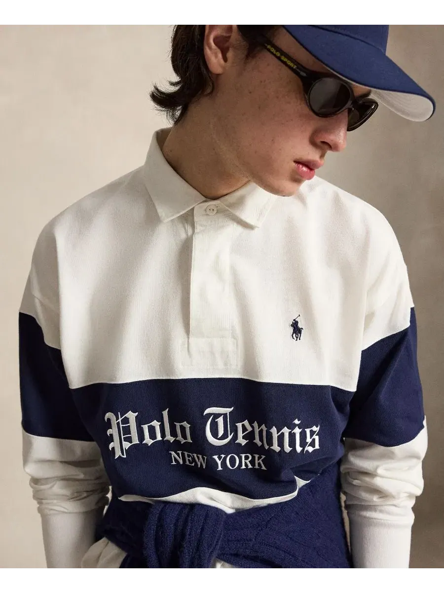 Мужская рубашка-поло из хлопка с принтом Polo Tennis US Open Polo Ralph Lauren — изображение 3 из 6, белый/темно-синий