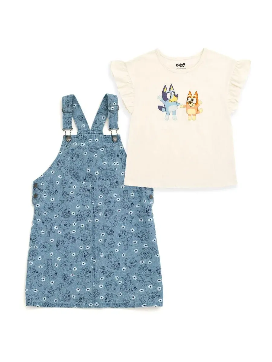 Комплект из футболки и деним-платья-комбинезона Bluey Bluey Bingo Denim Blue — изображение 1 из 3, джинсовый синий синий