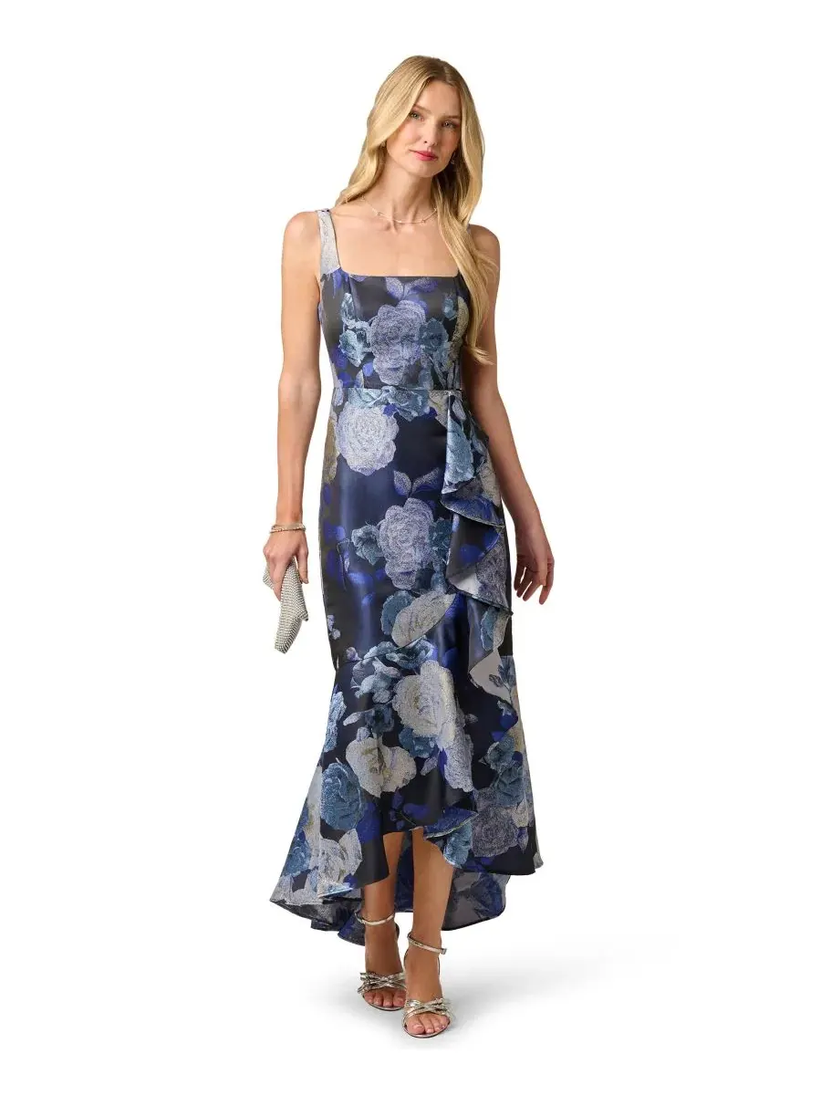 Платье-миди с рюшами Metallic Jacquard Ruffle Gown Adrianna Papell — изображение 2 из 6, синий мульти