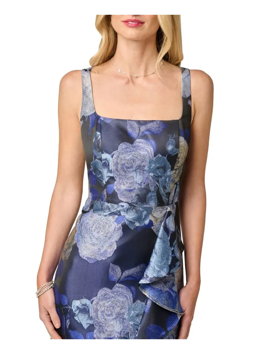 Платье-миди с рюшами Metallic Jacquard Ruffle Gown Adrianna Papell — изображение 3 из 6, синий мульти