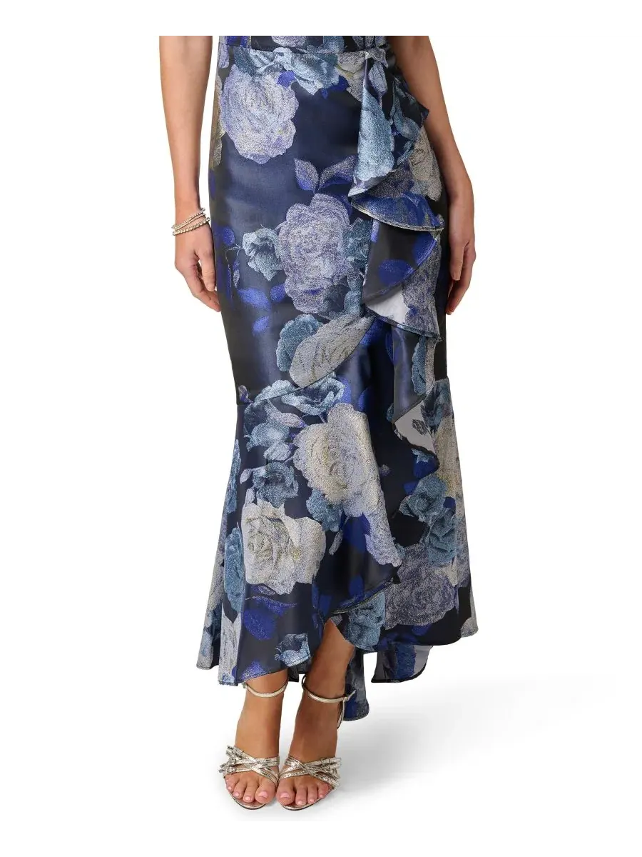Платье-миди с рюшами Metallic Jacquard Ruffle Gown Adrianna Papell — изображение 4 из 6, синий мульти