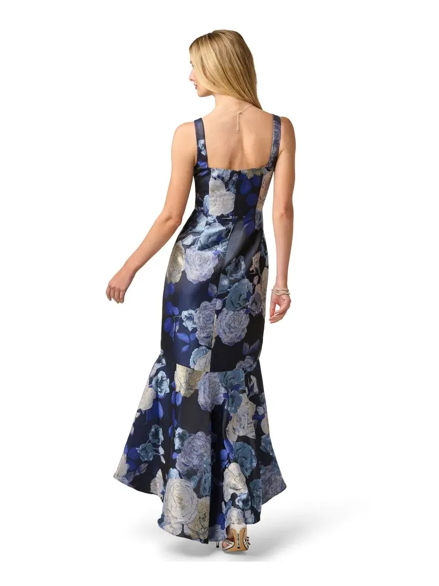 Платье-миди с рюшами Metallic Jacquard Ruffle Gown Adrianna Papell — изображение 5 из 6, синий мульти
