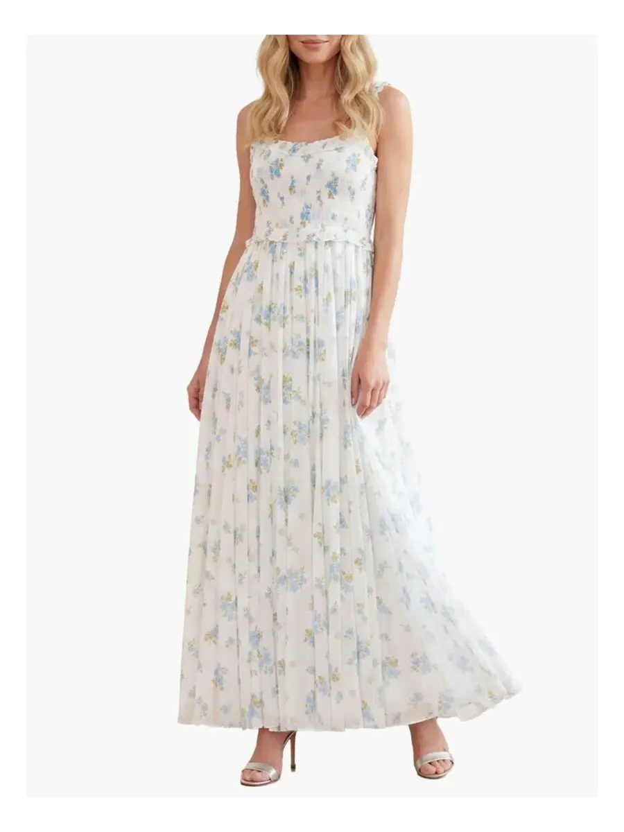 Платье-комбинация Magnolia Ditsy Chiffon Smocked Cami Ankle Gown Needle & Thread — изображение 1 из 4, белый/голубой