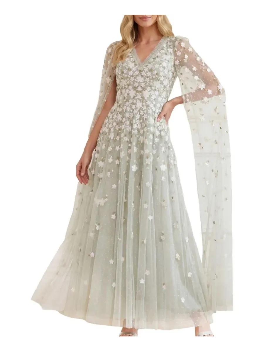 Платье в пол с вышивкой Camellia Ditsy, модель Cape Sleeve Ankle Gown Needle & Thread — изображение 1 из 5, мульти