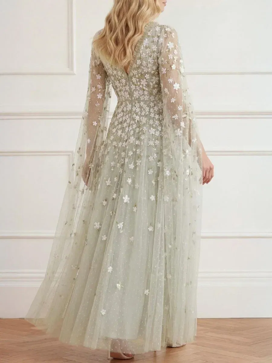 Платье в пол с вышивкой Camellia Ditsy, модель Cape Sleeve Ankle Gown Needle & Thread — изображение 4 из 5, мульти