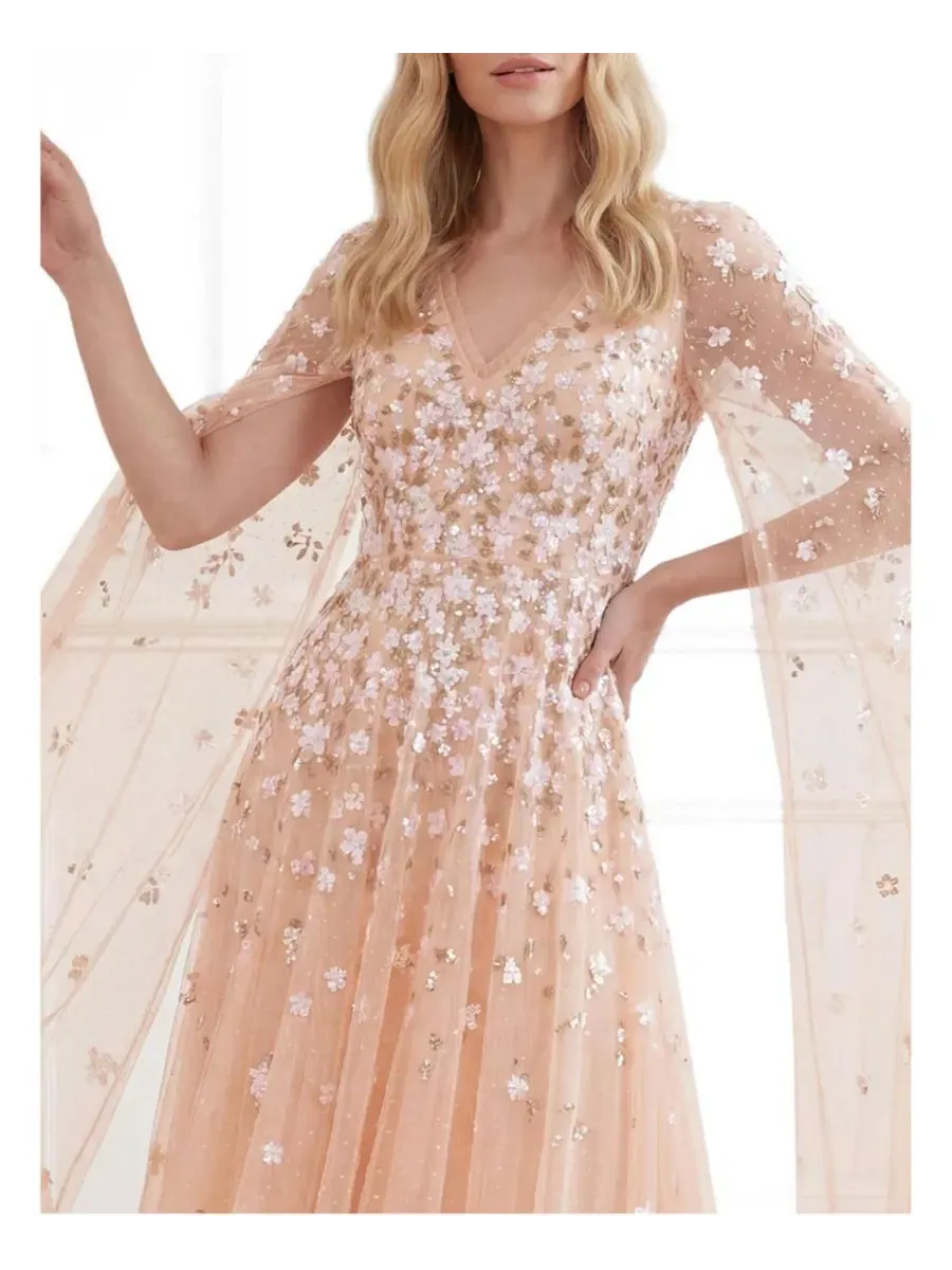 Платье-макси с длинным рукавом, с цветочной вышивкой Camellia Ditsy Cape Sleeve Ankle Gown Needle & — изображение 3 из 5