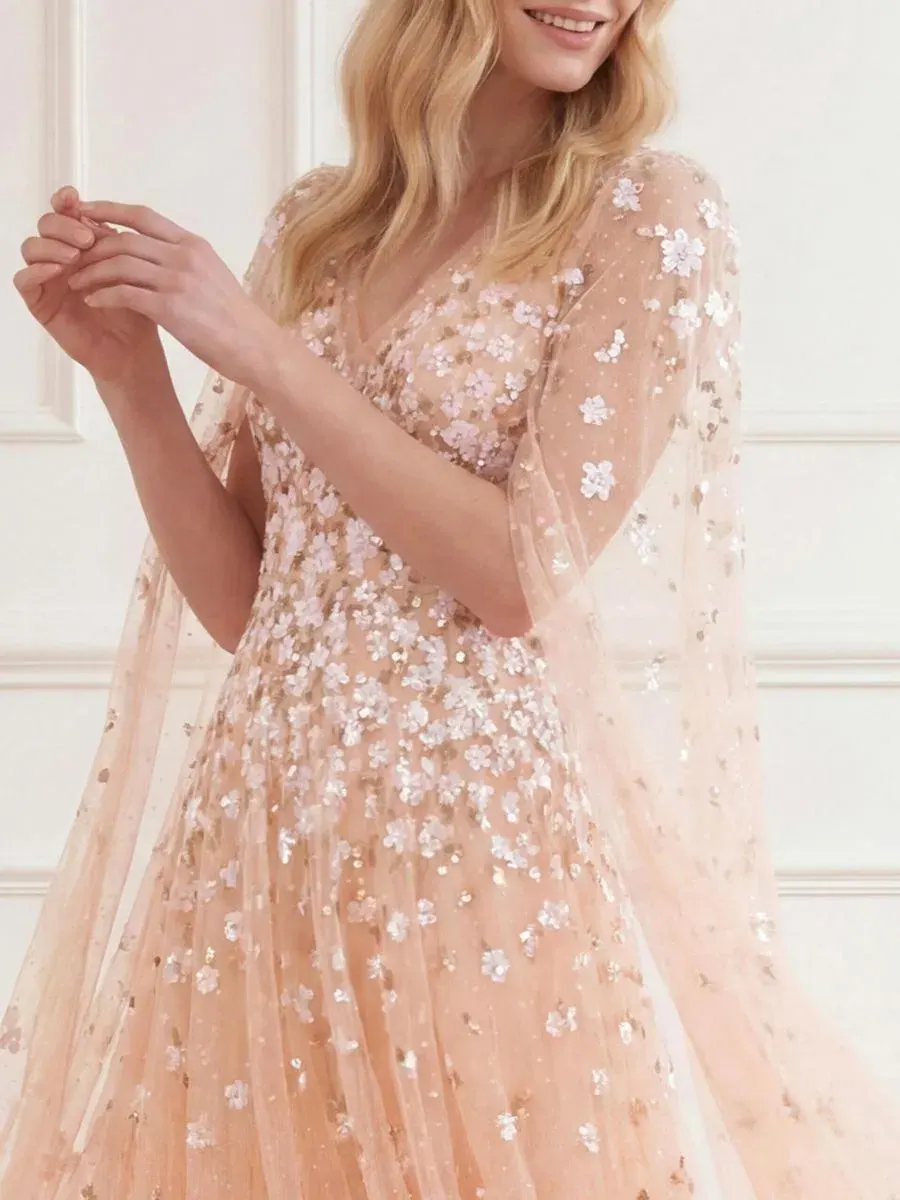 Платье-макси с длинным рукавом, с цветочной вышивкой Camellia Ditsy Cape Sleeve Ankle Gown Needle & — изображение 5 из 5