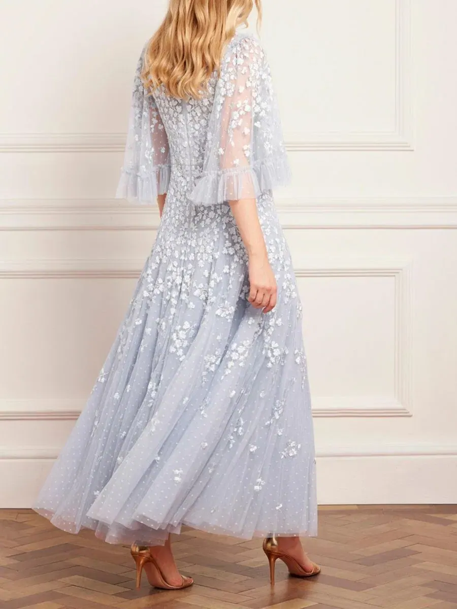 Платье в пол с вышивкой Scatter Blossom Needle & Thread — изображение 3 из 6, небесный