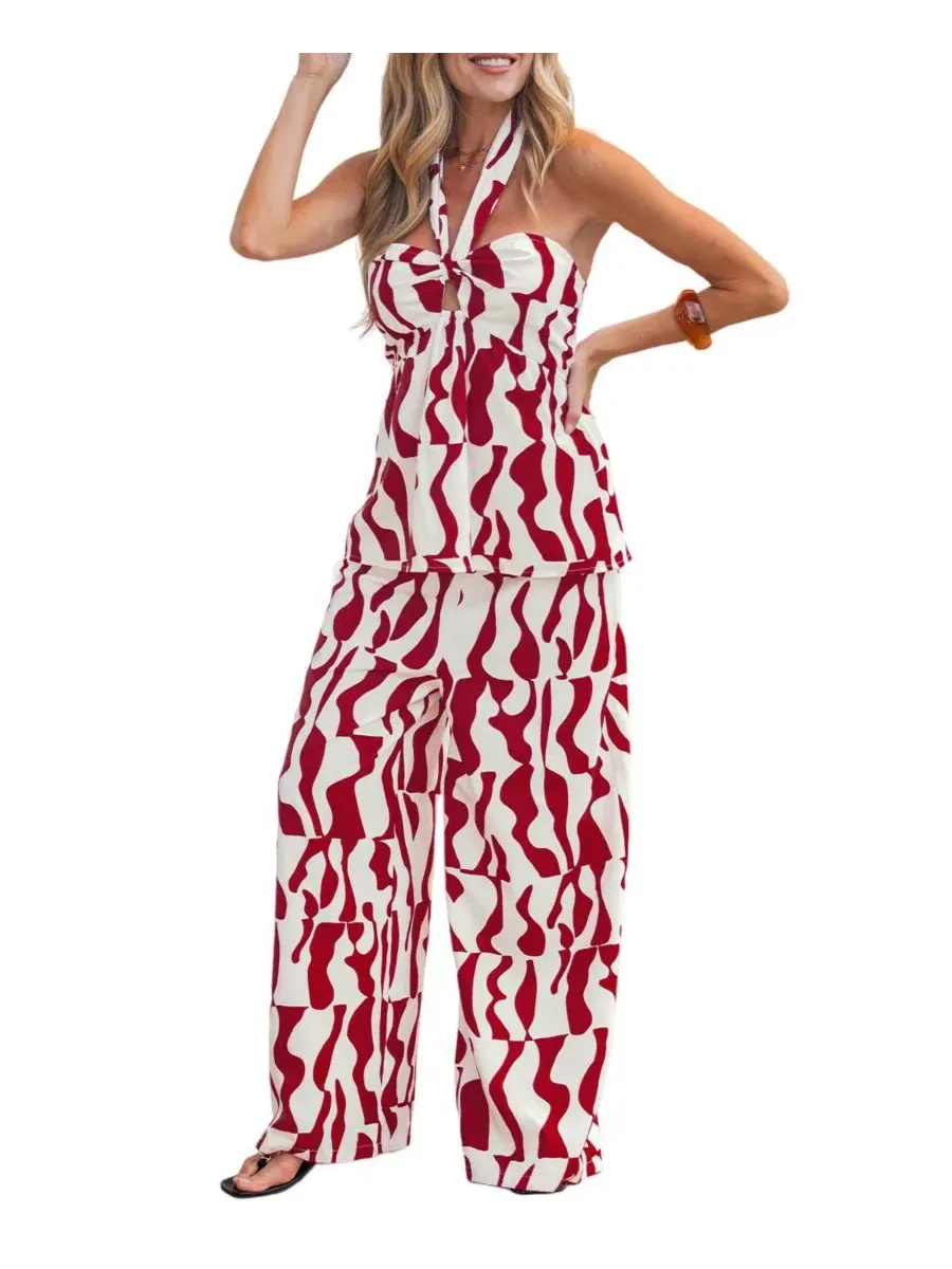 Комплект из топа с запахом и широких брюк Abstract Print Halter Keyhole Top and Wide Leg Pants — изображение 1 из 3, белый