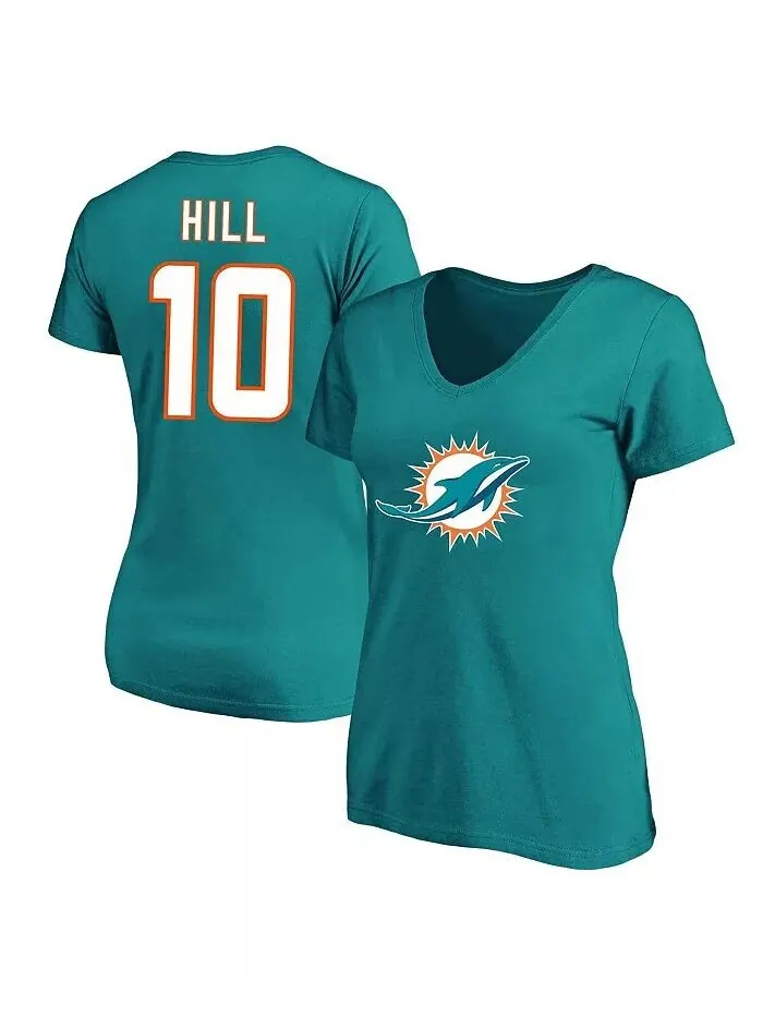 Женская футболка Tyreek Hill Aqua Miami Dolphins размера плюс с v-образным вырезом с именем и — изображение 1 из 3, голубой
