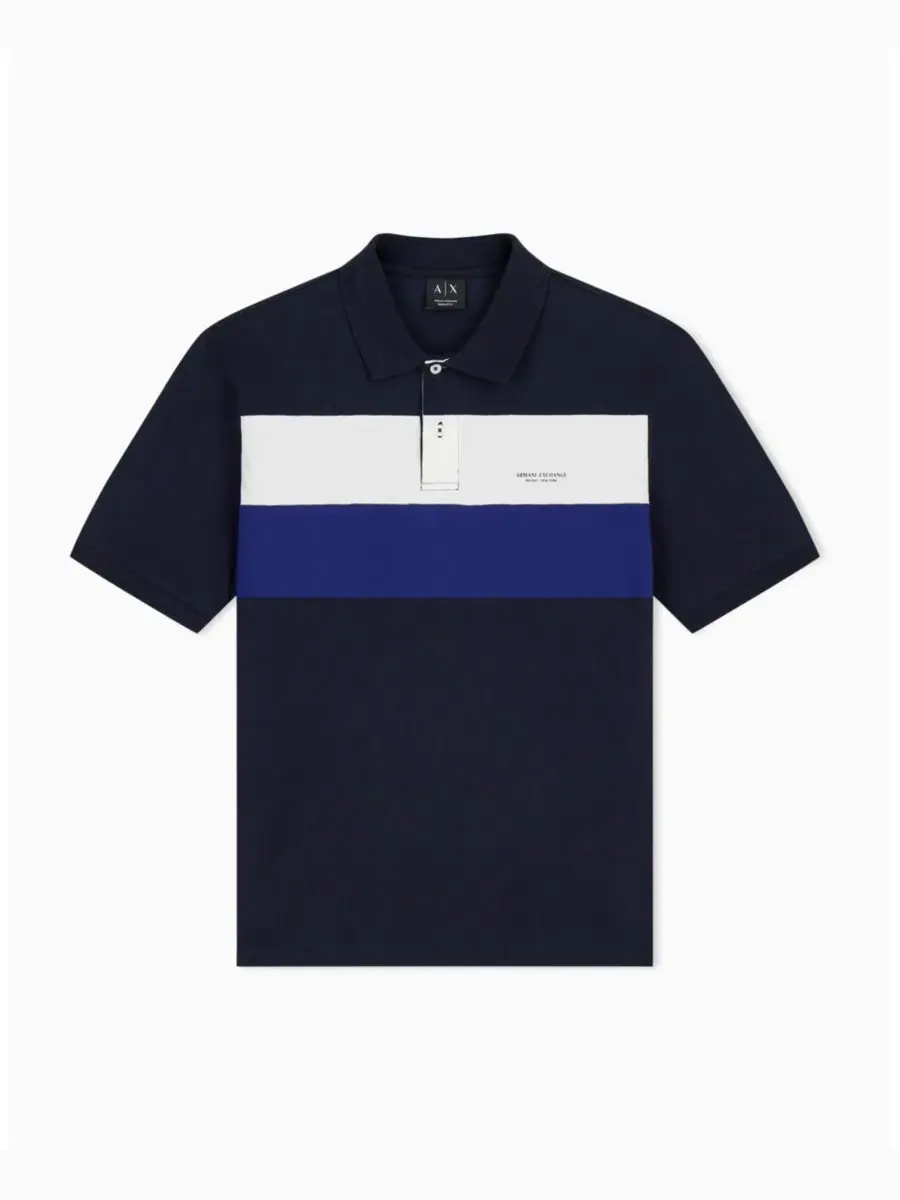 Мужское поло с цветовой блокировкой из пике A|X Armani Exchange — изображение 1 из 7, глубокий темно-синий