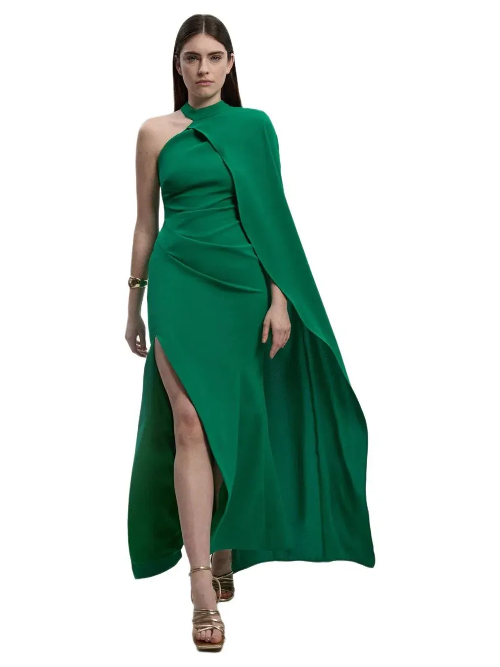Женское длинное платье на одно плечо с рукавами-кейпами Karen Millen — изображение 1 из 5, зеленый