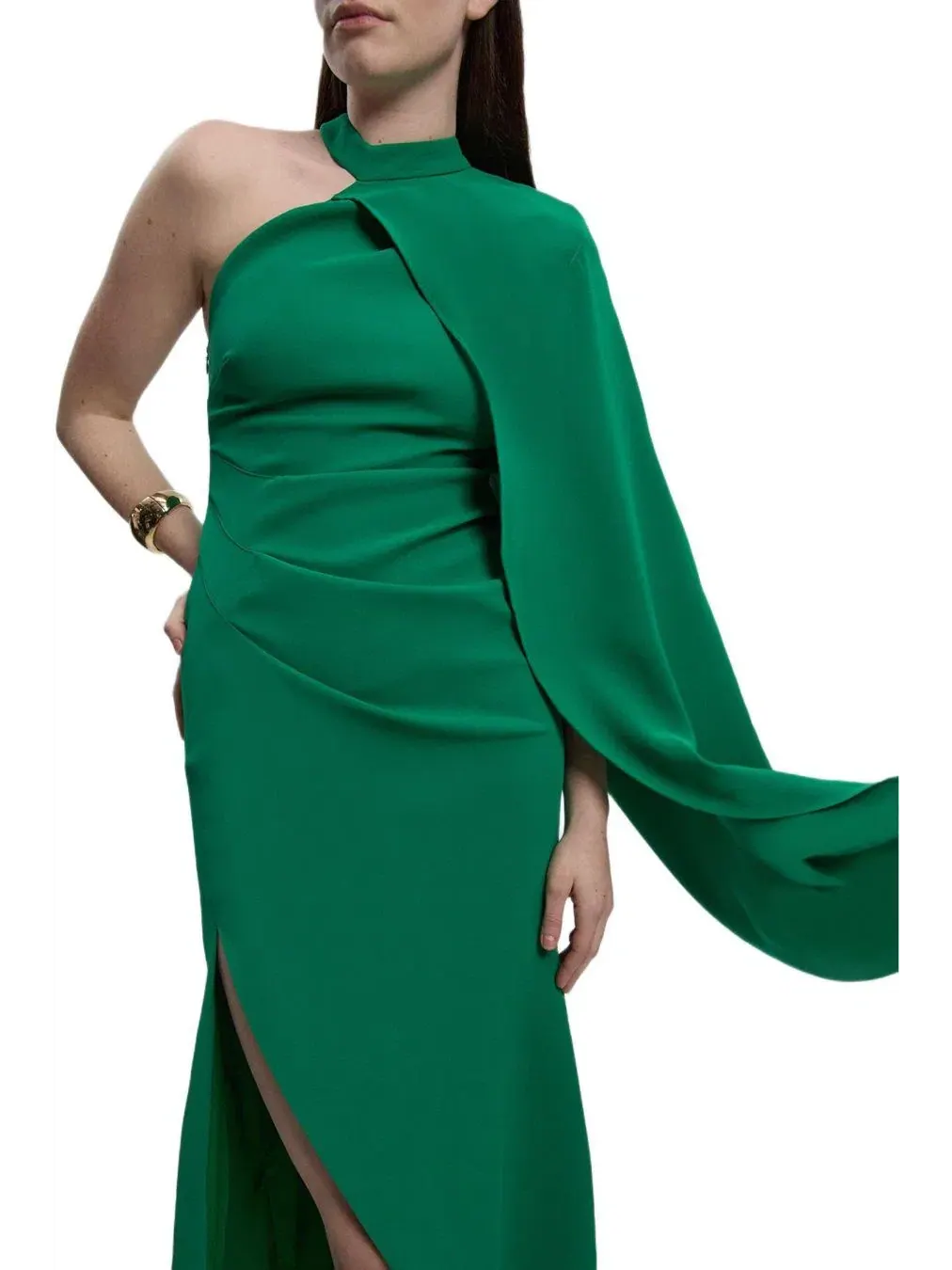 Женское длинное платье на одно плечо с рукавами-кейпами Karen Millen — изображение 2 из 5, зеленый