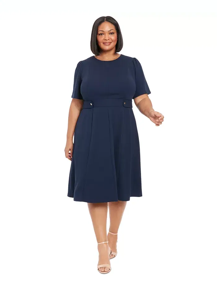 Платье миди из крепа и неопрена Plus Size Fit & Flare Scuba London Times — изображение 1 из 4, темно-синий