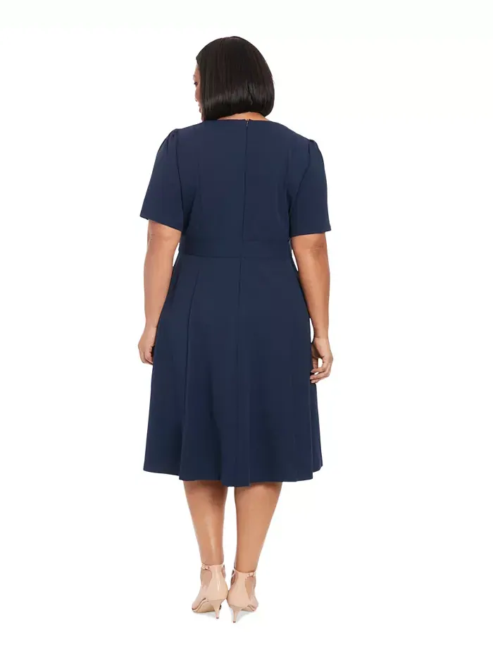 Платье миди из крепа и неопрена Plus Size Fit & Flare Scuba London Times — изображение 2 из 4, темно-синий