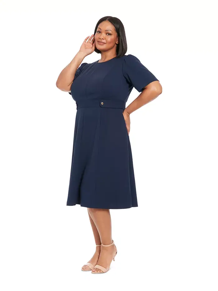 Платье миди из крепа и неопрена Plus Size Fit & Flare Scuba London Times — изображение 3 из 4, темно-синий