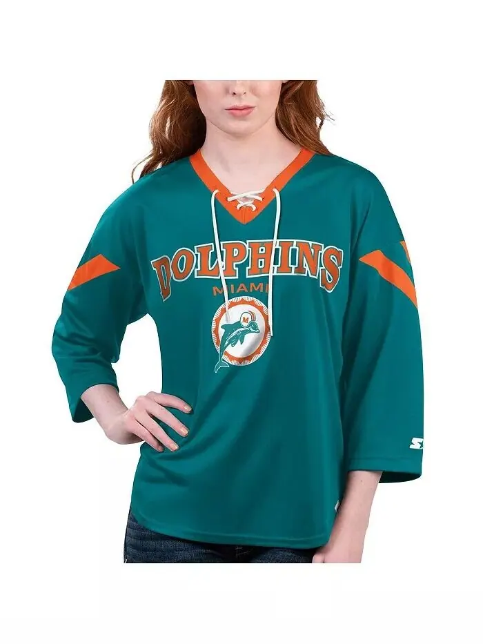 Женская футболка Aqua Miami Dolphins Rally со шнуровкой и рукавом 3/4 Starter