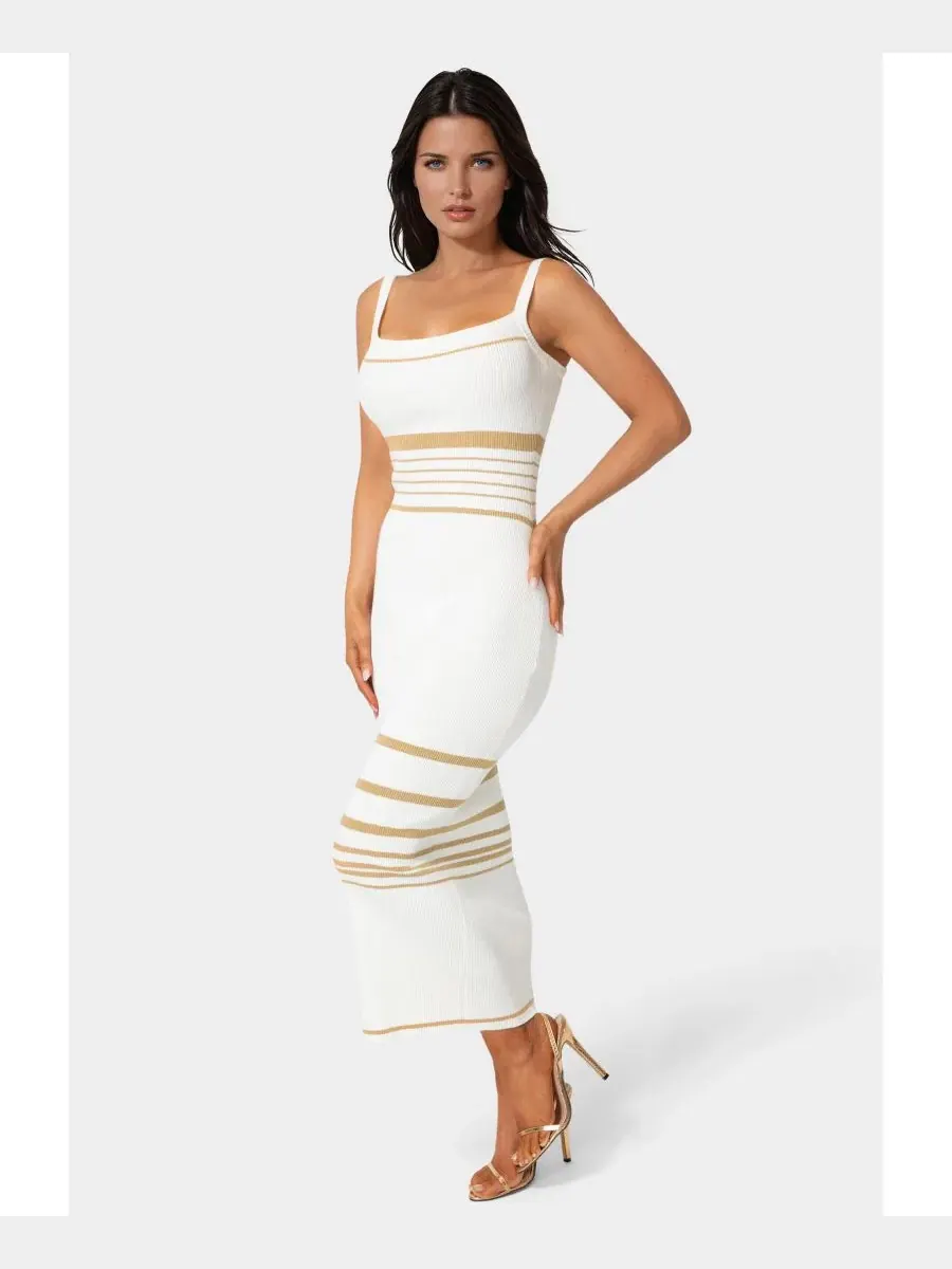 Платье-свитер облегающее с принтом Illusion Sweater Bodycon Maxi Dress Bebe — изображение 2 из 3, белый