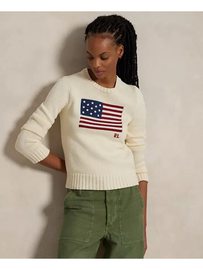 Женский хлопковый свитер с круглым вырезом Flag Polo Ralph Lauren — изображение 1 из 6, бежевый