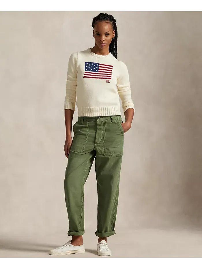 Женский хлопковый свитер с круглым вырезом Flag Polo Ralph Lauren — изображение 2 из 6, бежевый