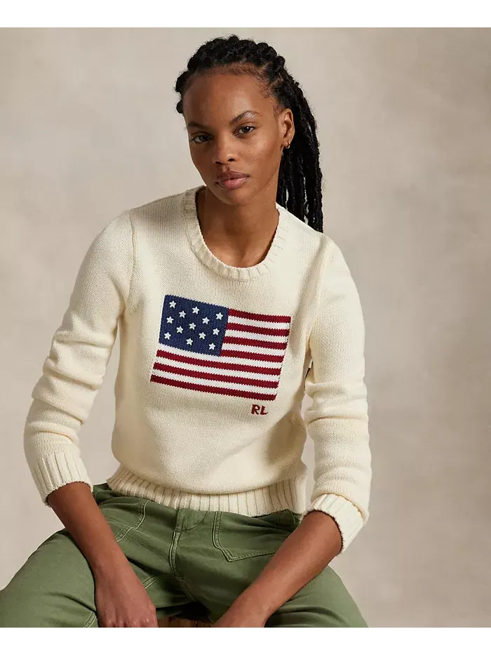 Женский хлопковый свитер с круглым вырезом Flag Polo Ralph Lauren — изображение 3 из 6, бежевый